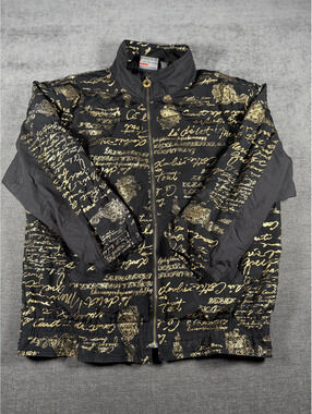 Mureli Black and Gold Script Pattern Lightweight Jacket Size XL